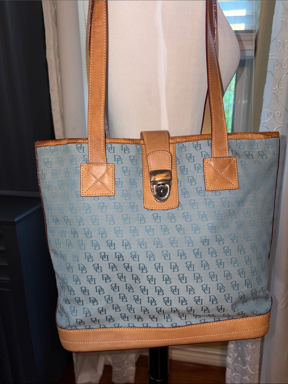 Dooney & Bourke Lt Blue Fabric DB Canvas Tote with Tan vachetta leather